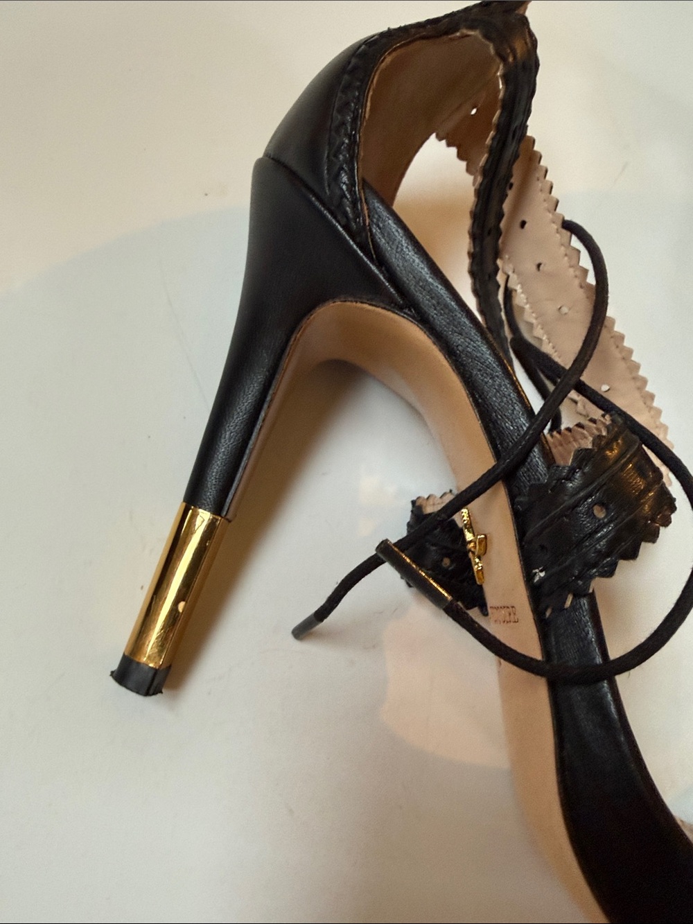 Pour La Victoire Shanna Black Nappa Lace-Up Stiletto Heels with Gold Accent - Picture 4 of 7